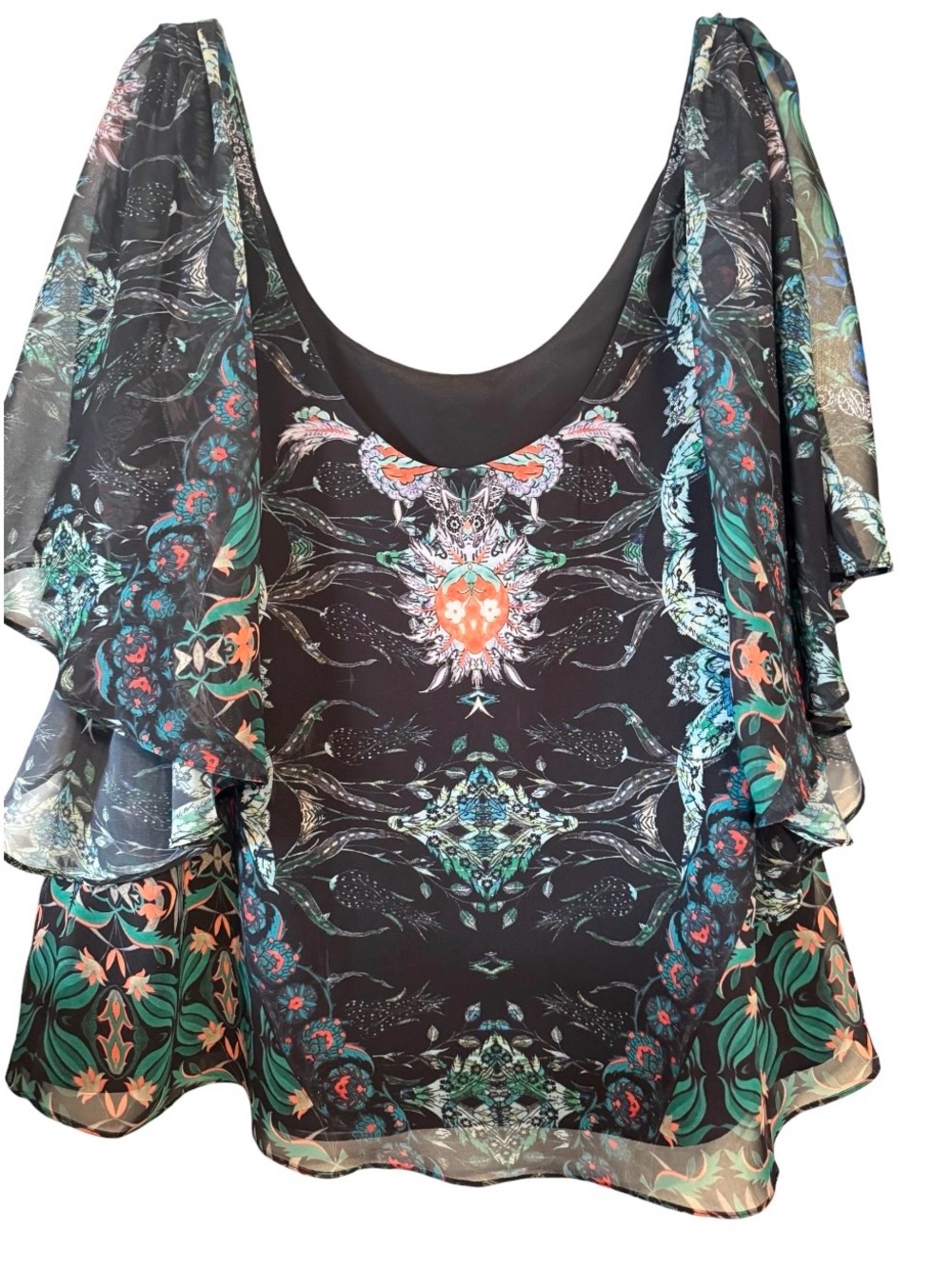 City Chic Dark Floral Chiffon Flutter Sleeve Embellished Blouse 1X - Picture 5 of 8